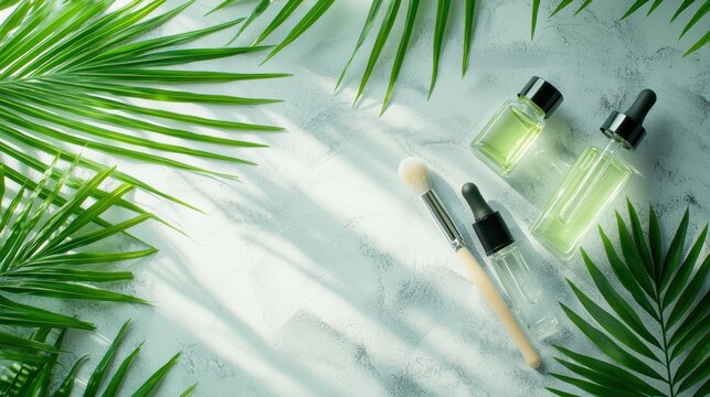 Natural Botanical Skincare Elixir: Morning Ritual with Sunlit Glass Dropper Oils and Brushes on Elegant Marble Surface