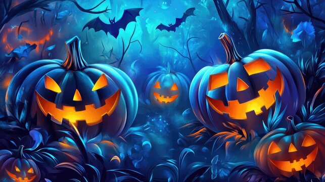 Colorful Halloween collage illustration featuring glowing jack-o'-lanterns and dark bats at night