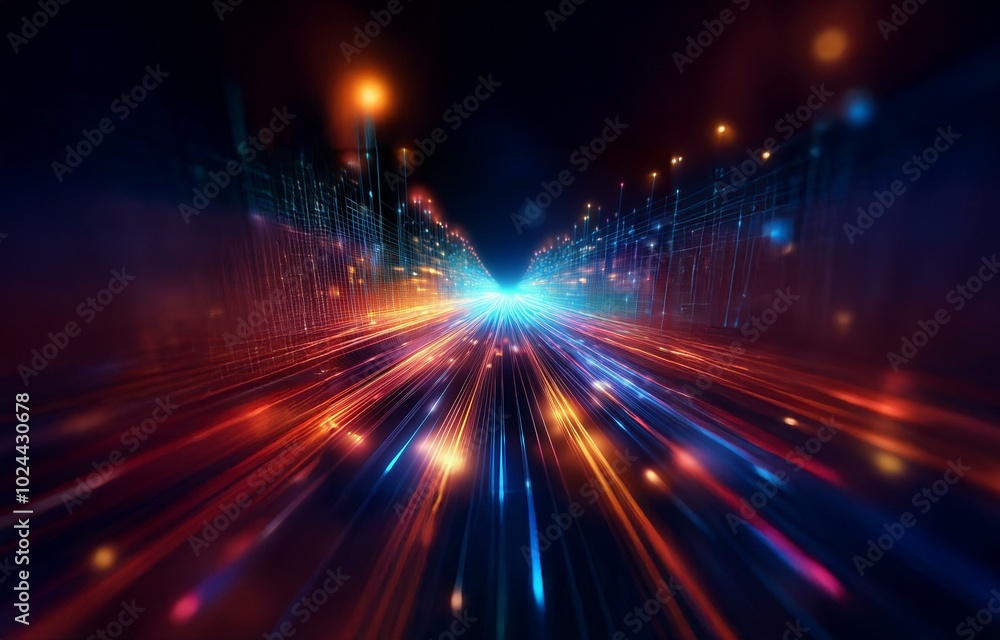 Poster abstract digital background with glowing light streaks and a grid pattern.