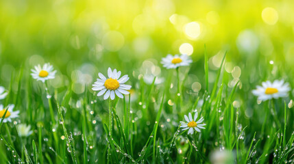 Close-up of vibrant green field with dew-covered blades of grass and wildflowers