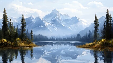 A picturesque mountain lake with snow-capped peaks reflected in the calm water.