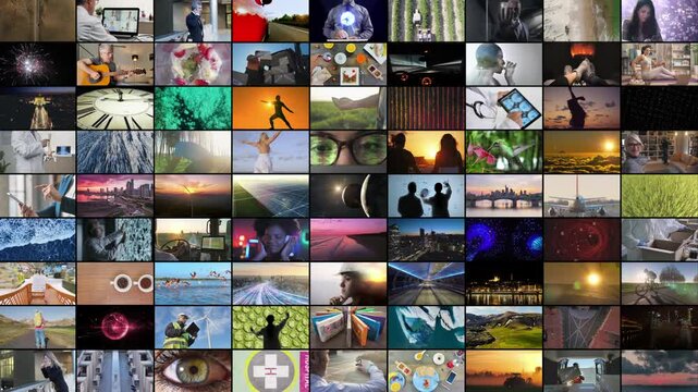 multi screen video wall mixed footage miscellaneous,multiscreen background composition of different various multimedia clips                                                