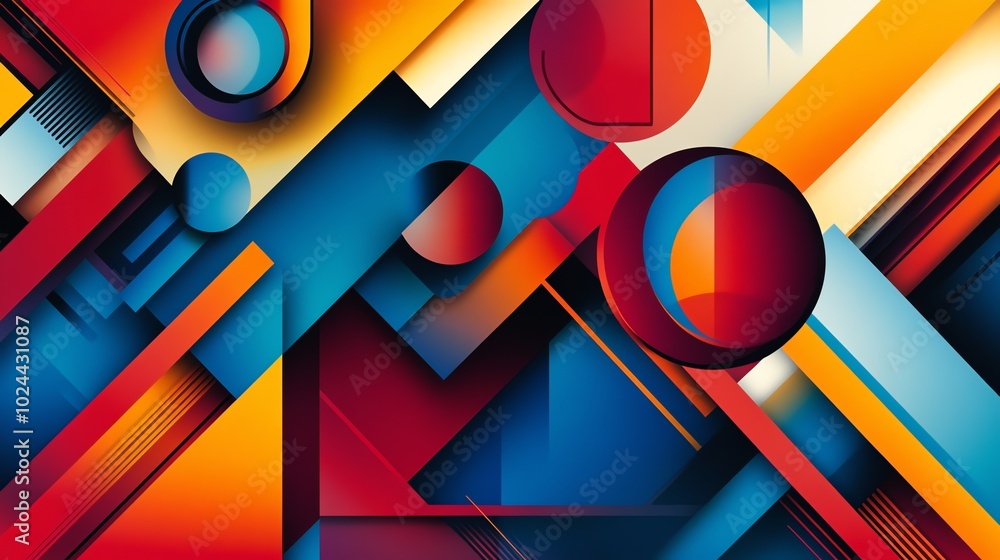 Poster an abstract geometric background with overlapping circles, rectangles, and triangles in vibrant colo