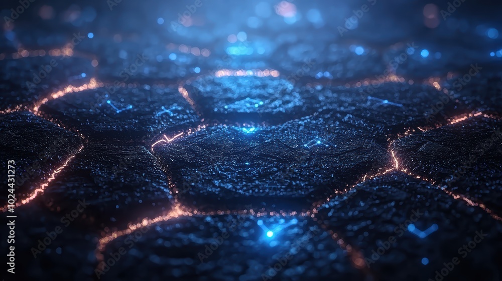 Aufkleber digital network of glowing blue hexagonal nodes with holographic transaction data and crystalline co