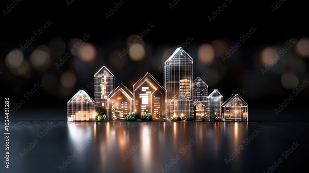 Poster futuristic 3d wireframe cityscape with neon circuit patterns and digital asset visualizations in tra
