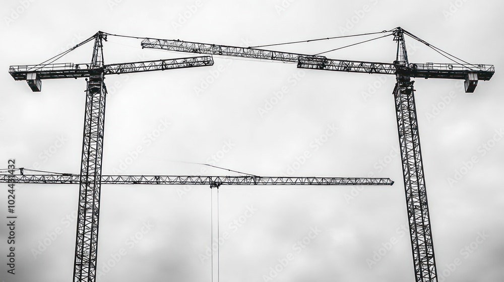 Poster three construction cranes in the sky create an abstract shape against a cloudy background.