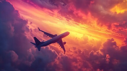 A commercial airplane flies through a vibrant orange and pink sunset sky.