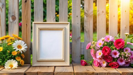 Low angle view of fence with flowers and picture frame, perfect for mockup backgrounds