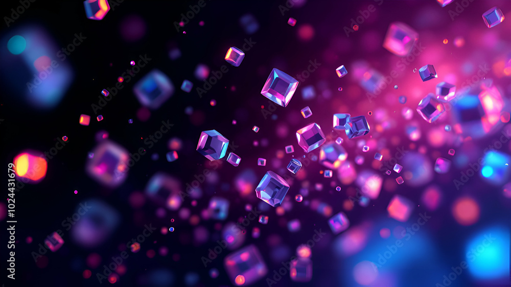 Poster a dark background with numerous iridescent cubes floating, casting colorful reflections on the surro
