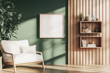 A modern living space with a green accent wall, wooden shelving, and a white armchair