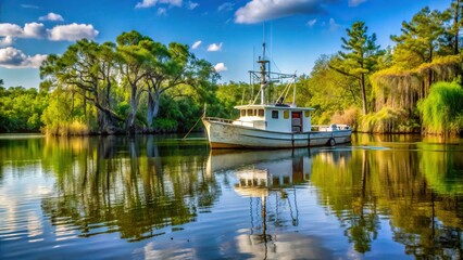 Obraz premium Low angle view of fishing boat on bayou river in Louisiana