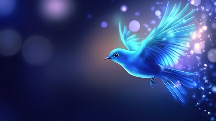 Fototapeta premium A small blue bird flying gracefully in a bright sky, radiating a soft glow. This flat illustration captures the essence of freedom and tranquility, showcasing the delicate features of the bird 