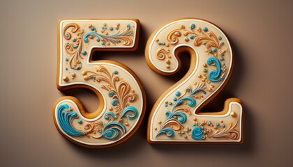 Decorated cookie, number 52, illustration for birthday or anniversary celebration