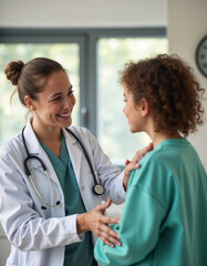 Female doctor comforting patient during consultation.
