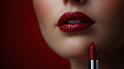 Obraz premium Close-up of woman's lips with red lipstick and a lipstick tube.