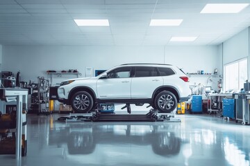 A modern white SUV is parked in a bright and clean auto repair shop. The vehicle is elevated