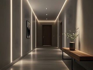 modern hallway featuring minimalist design with wooden flooring, potted plants,