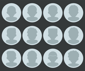 Male User Profile Picture Monochrome Grey Silhouette with Hair and Clothes Varieties Flat Vector Icon Set