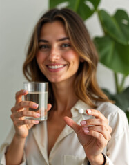 Smiling woman holding pill and glass of water.