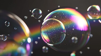 Realistic 3D illustration of floating soap bubbles with reflections of a rainbow.