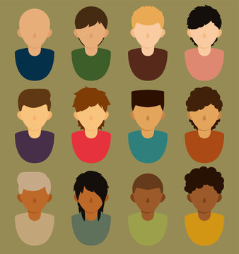 Male User Colorful Profile Picture with Hair and Clothes Varieties Flat Vector Icon Set