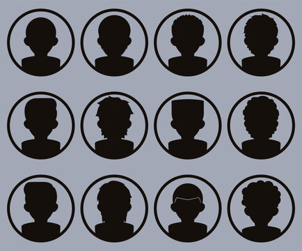 Male User Profile Picture Black Silhouette with Hair and Clothes Varieties Flat Vector Icon Set