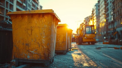 Naklejka premium Yellow dumpster on an urban street under soft lighting with construction in the background