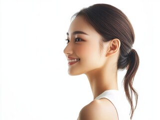 Fototapeta premium Young Asian woman with clean, fresh skin smiling softly against white background, showcasing her profile and natural beauty