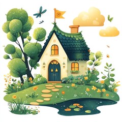 Charming Cottage Illustration with Green Roof, Stone Path, and Pond