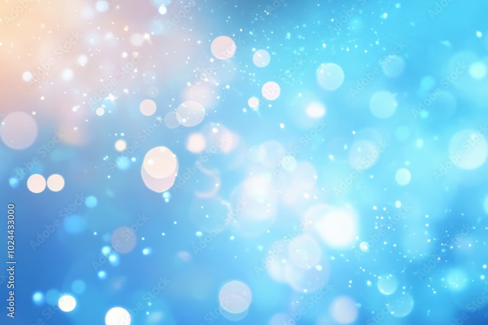 Poster bright and dreamy abstract background featuring blue and white bokeh lights, creating serene and upl