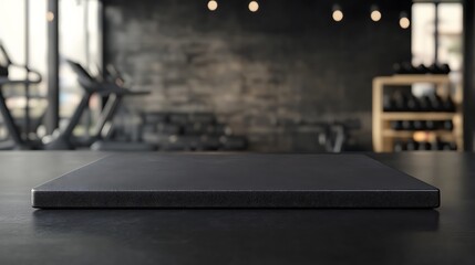  Black table top with gym background for product. Empty countertop mockup for sports nutrition or equipment. 