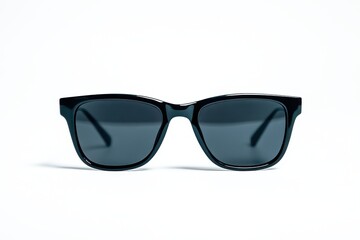 A pair of stylish black sunglasses with dark lenses, placed against a clean, white background
