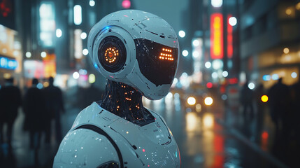 Fototapeta premium Futuristic Cyborg in Tokyo Night - Low Resolution Digital Art