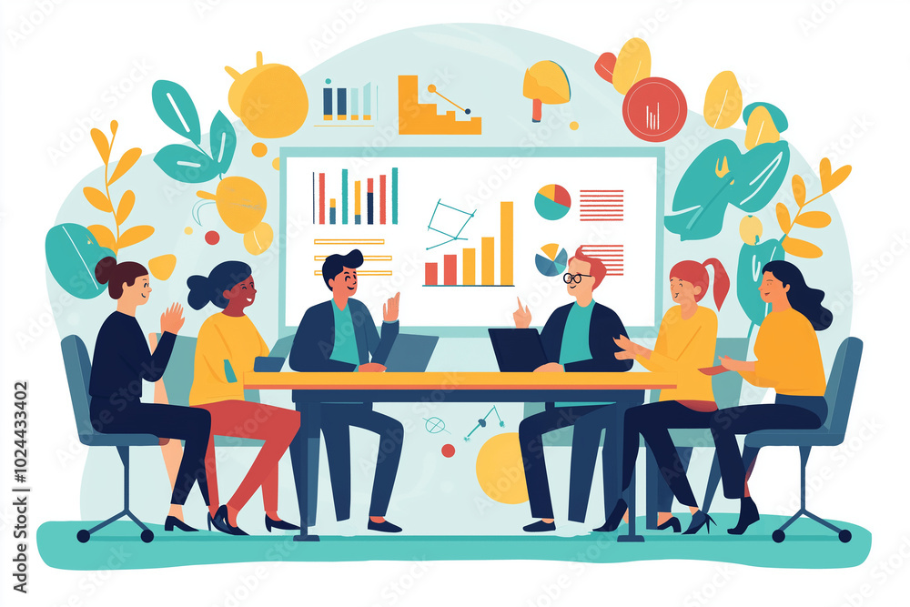 Poster a group of diverse business people sitting around a table in a lively discussion, with a whiteboard 