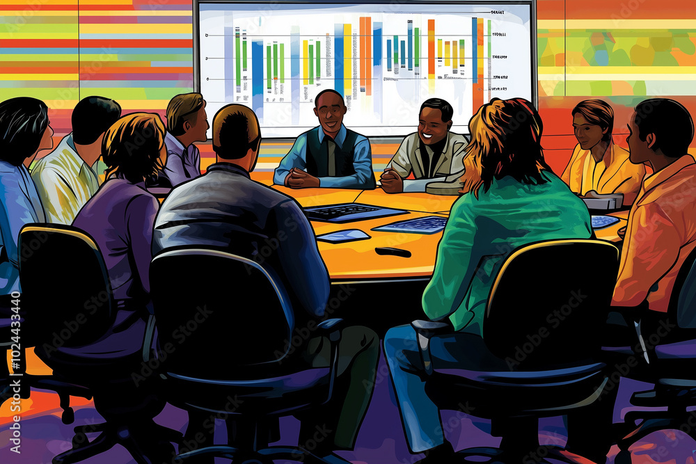 Poster a group of diverse business people sitting around a table in a lively discussion, with a whiteboard 