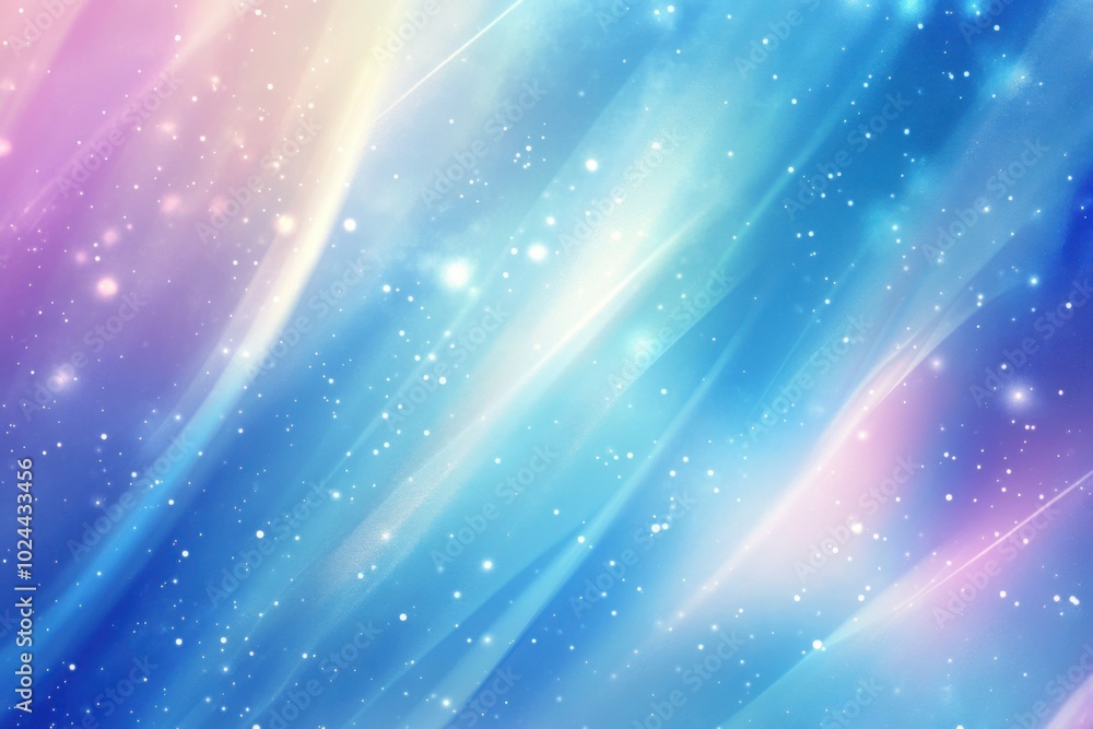 Poster serene abstract background featuring soft blue and pink hues with gentle rays of light and sparkling