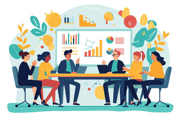 A group of diverse business people sitting around a table in a lively discussion, with a whiteboard in the background displaying charts and graphs, vector cartoon style, with copy space.