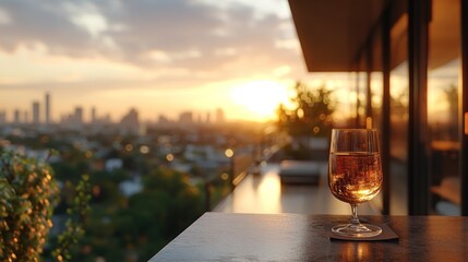 Obraz premium A glass of wine sits on a balcony overlooking a city skyline at sunset.