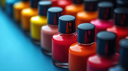 A row of colorful nail polish bottles on a blue background.