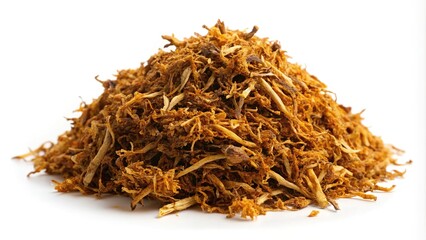 Low angle view of heap of Virginia gold tobacco on white background isolate