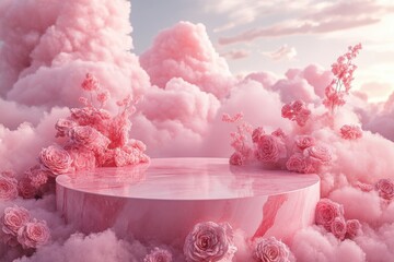 A pink cloud filled with flowers and a pink pedestal