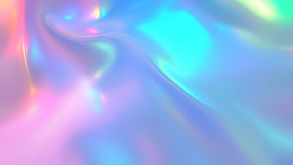 A digital abstract background with iridescent, holographic swirls in shades of blue, pink, and yellow, creating a liquid-like, flowing effect