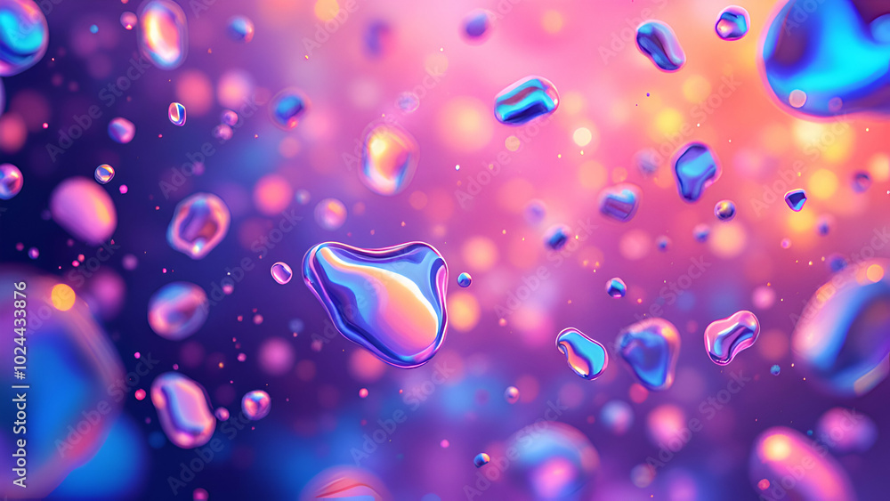 Poster iridescent bubbles floating in a 3d space. the background is a gradient of pink and purple with out-
