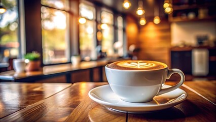Fototapeta premium Low angle view of hot cappuccino coffee served in a coffee shop
