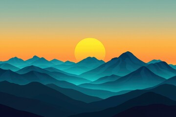 Silhouette of Mountains at Sunset with a Large Yellow Sun