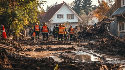 Firefighters walk through mud and debris after a natural disasters