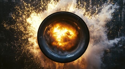 A dynamic scene depicting a powerful speaker blasting sound, with visible sound waves radiating outward in a vibrant display. The illustration captures the essence of music and energy, 