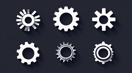Six White Cogs With Long Shadows on a Dark Background
