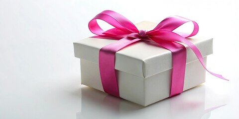 Obraz premium Low angle view of isolated white gift box with pink ribbon