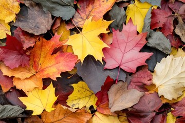 Fototapeta premium A pile of autumn leaves in various shades of red, yellow, orange, and brown. The leaves are stacked